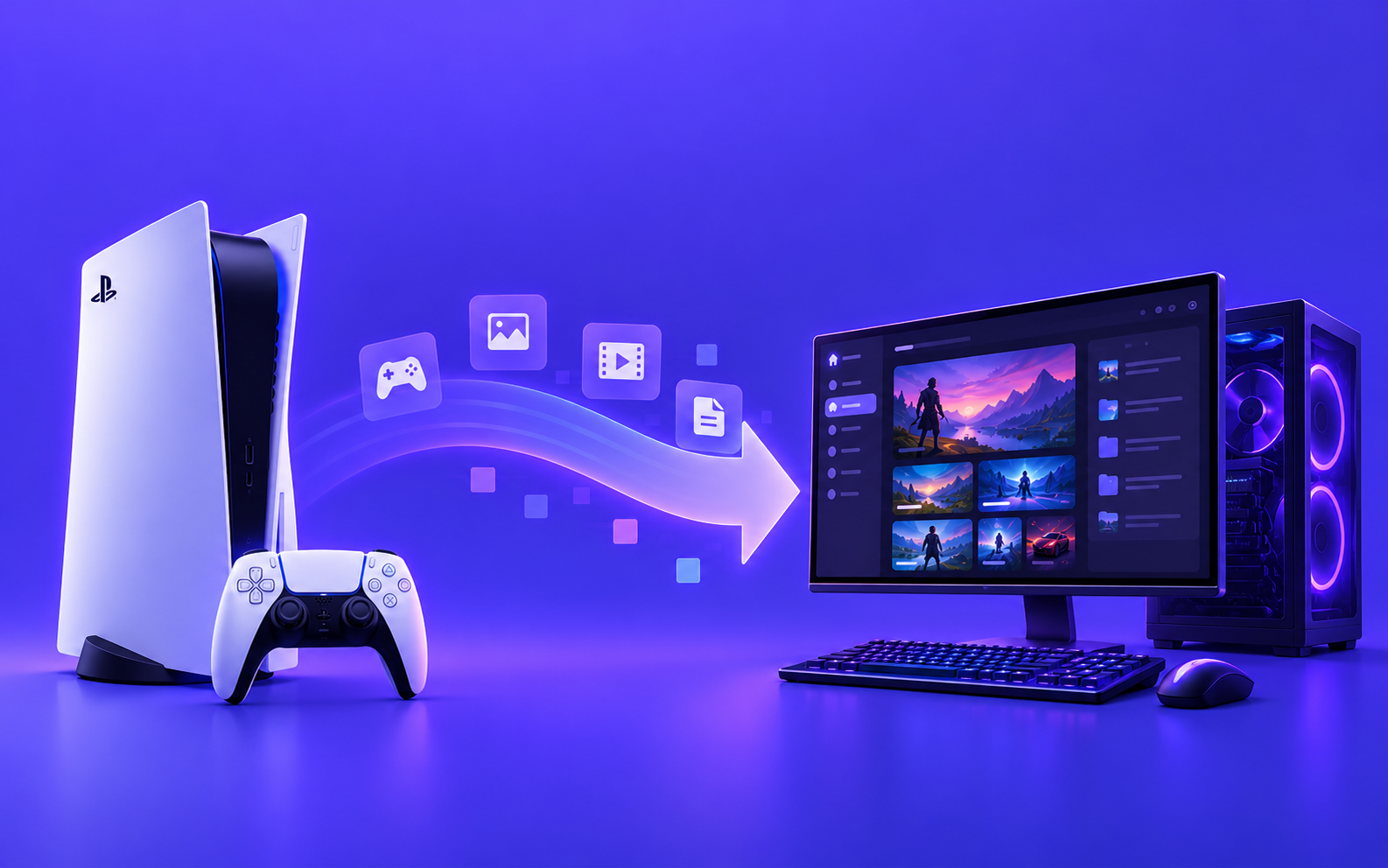 A PlayStation 5 and controller with game, image, video, and file icons flowing along an arrow into a gaming PC and monitor — representing PS5 games being moved to run on a PC.